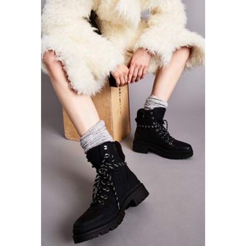 Steve Madden Black Keystone Lug Faux Fur Trim Hiker Boots